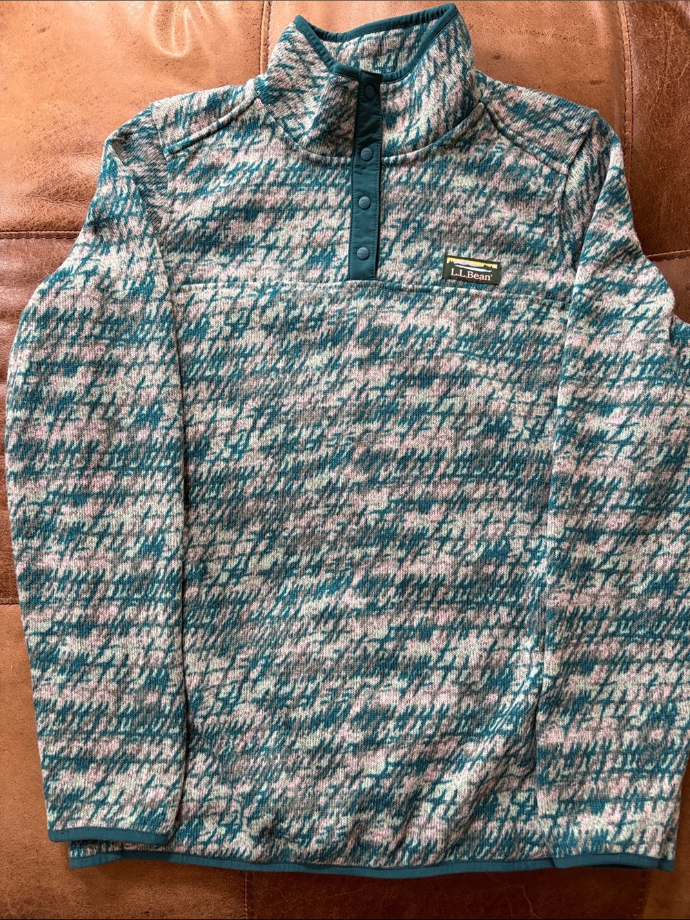 L.L. Bean Teal and Light Gray Patterned Snap-Quarter Pullover